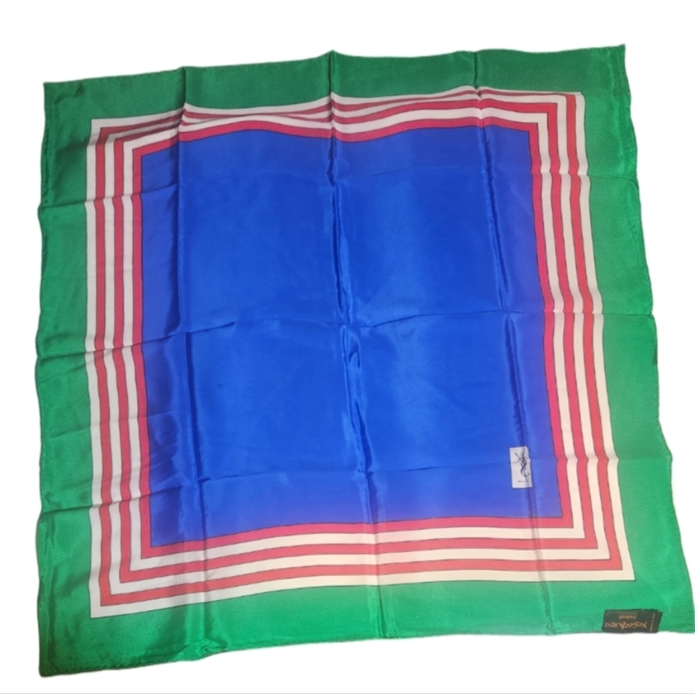 Yves Saint Laurent Vintage Green and Black Silk Logo Scarf - Picture 1 of 8